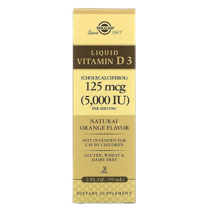 Solgar, Жидкий витамин D3, натуральный апельсиновый вкус, 125 мкг (5000 МЕ), 59 мл