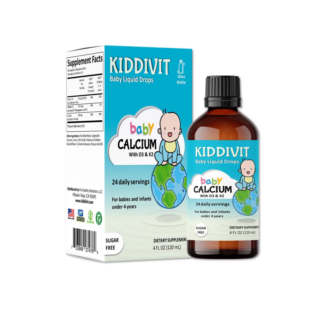 Kiddivit Baby Жидкие кальциевые капли с витамином D3 и K2-24, ежедневная порция, 4 жидких унции (120 мл) - Обогащенный инулин (пребиотик, пищевая клетчатка) - Без сахара, без глютена, подходит для вегетарианцев