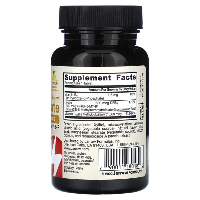 Jarrow Formulas, Метил B-12(Б12) и метилфолат, лимон, 100 пастилок