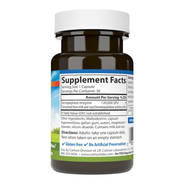 Carlson Labs Серрапептаза, 30 вегетарианских капсул