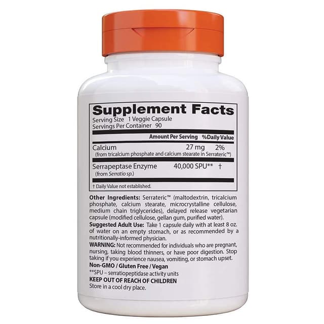 Doctor's Best Serrapeptase, без ГМО, без глютена, веганский, поддерживает здоровье носовых пазух, 40 000 SPU, 90 штук