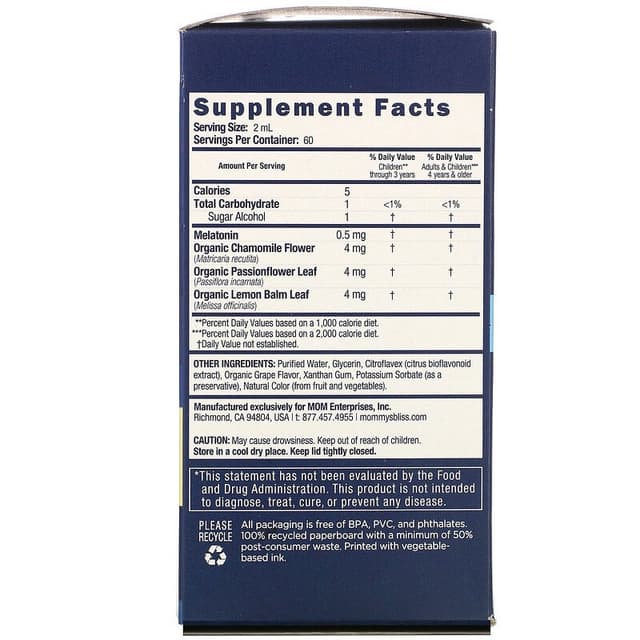 Mommy's Bliss, Kids, жидкое средство для сна, мелатонин, для детей от 3 лет, со вкусом винограда, 120 мл