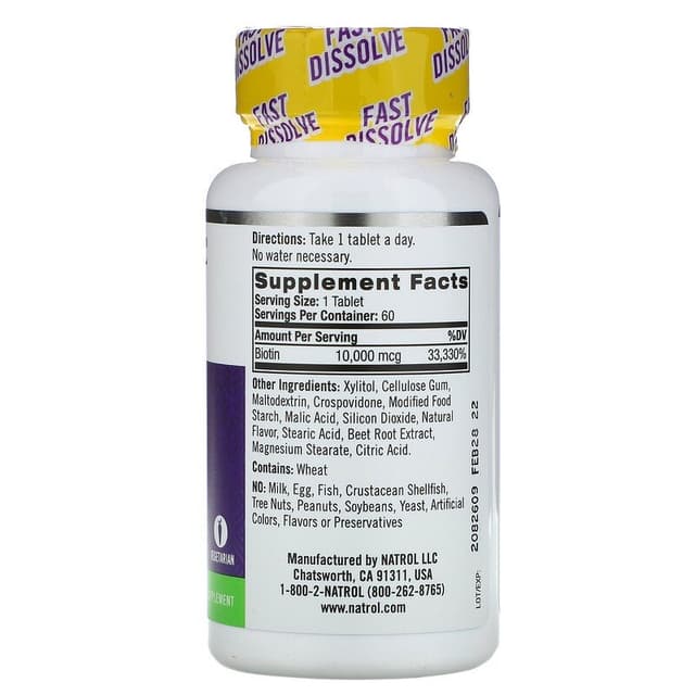 Natrol, Биотин, максимальная эффективность, клубника, 10 000 мкг, 60 таблеток