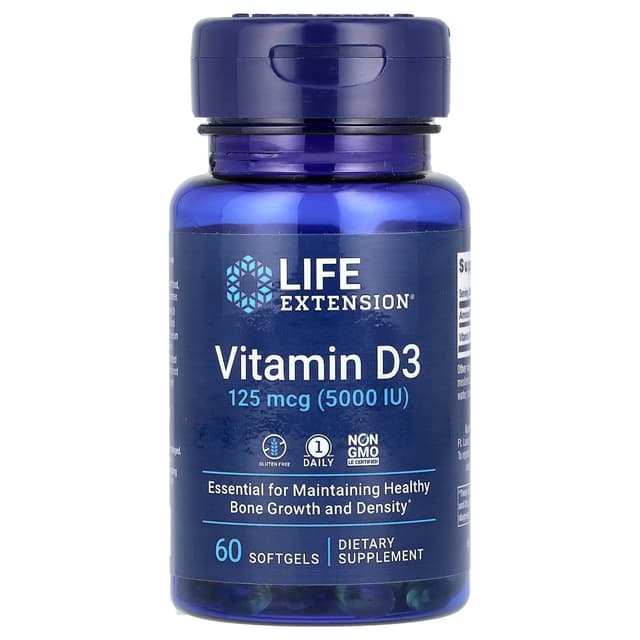 Life Extension, витамин D3, 125 мкг (5000 МЕ), 60 капсул