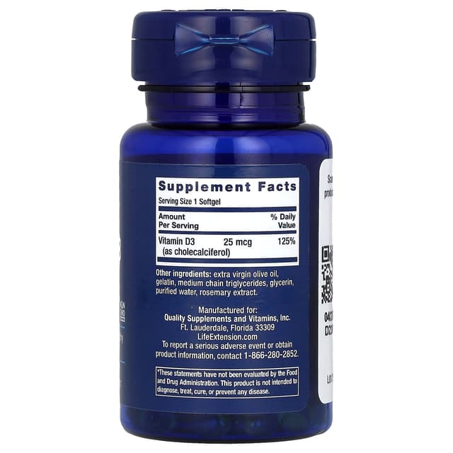 Life Extension, Витамин D3, 25 мкг (1000 МЕ), 90 мягких таблеток