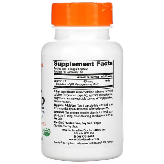 Doctor's Best, натуральный витамин K2 MK-7 с MenaQ7, 45 мкг, 60 вегетарианских капсул