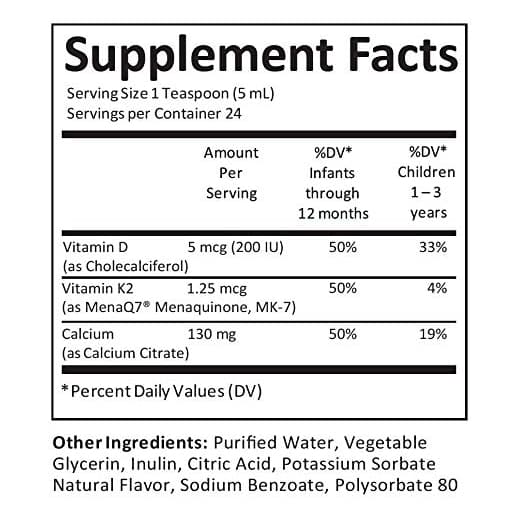 Kiddivit Baby Жидкие кальциевые капли с витамином D3 и K2-24, ежедневная порция, 4 жидких унции (120 мл) - Обогащенный инулин (пребиотик, пищевая клетчатка) - Без сахара, без глютена, подходит для вегетарианцев