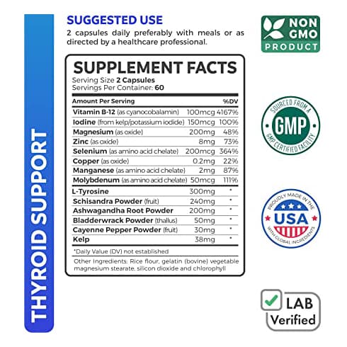 Поддержка щитовидной железы с йодом - 120 капсул (без ГМО) Повышение энергии и ускорение метаболизма - Корень ашваганды, цинк, селен, комплекс витамина B12 - Добавка для здоровья щитовидной железы - 60-дневный запас
