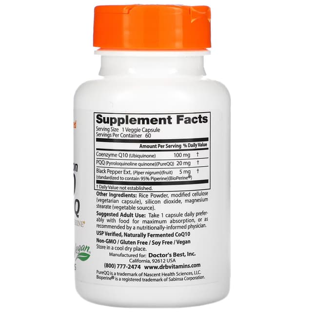Doctor's Best, коэнзим Q10, 100 мг, пирролохинолинхинон, 20 мг, 60 растительных капсул