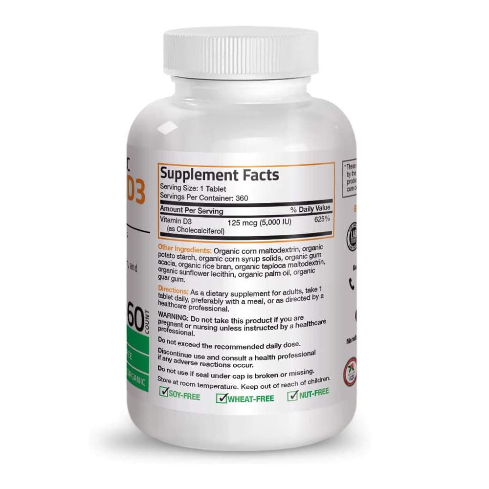 Bronson Vitamin D3 5000 МЕ для поддержки иммунитета, здоровой функции мышц и здоровья костей, высокоэффективная органическая добавка витамина D без ГМО, 360 таблеток