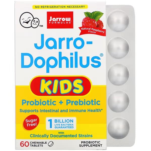 Jarrow Formulas, Jarro-Dophilus Kids, пробиотик + пребиотик, без сахара, натуральный малиновый вкус, 1 миллиард живых бактерий, 60 жевательных таблеток