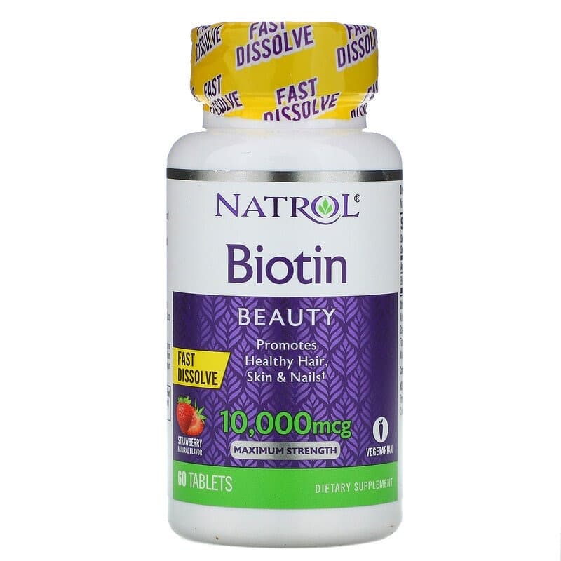 Natrol, Биотин, максимальная эффективность, клубника, 10 000 мкг, 60 таблеток