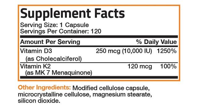 Bronson Витамин K2 (MK7) с дополнительной силовой добавкой D3 без ГМО 10 000 МЕ витамина D3 и 120 мкг витамина K2 MK-7 Витамин D и K, 120 капсул