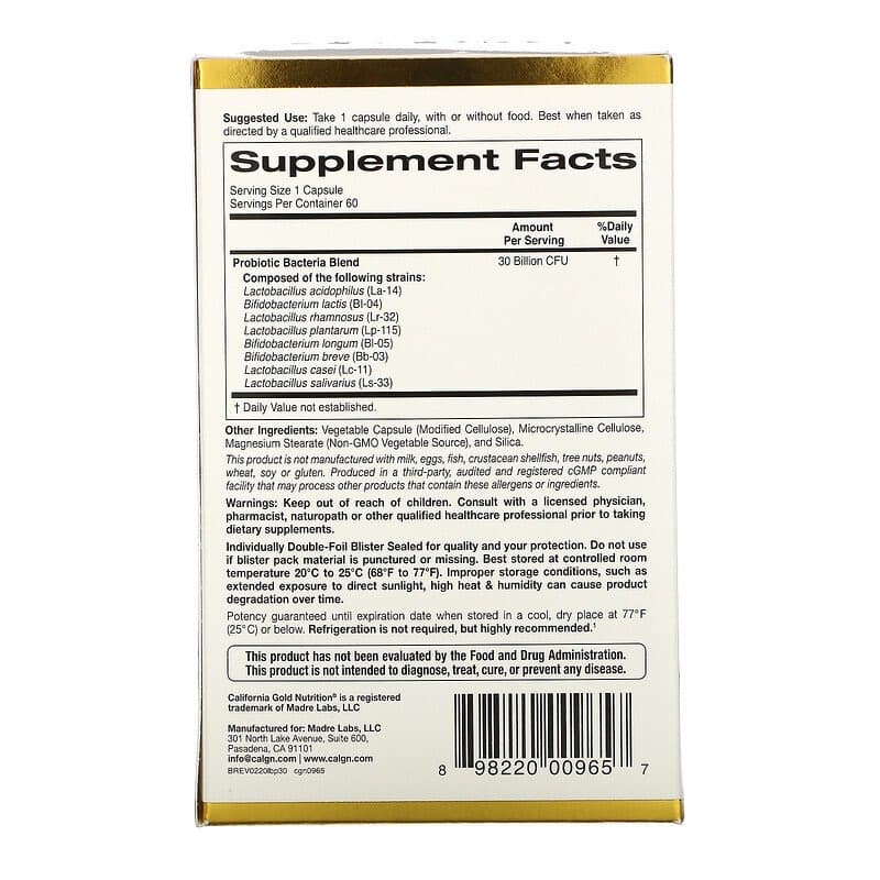 California Gold Nutrition, LactoBif, пробиотики, 30 млрд КОЕ, 60 вегетарианских капсул