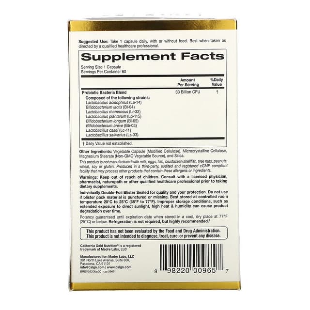 California Gold Nutrition, LactoBif, пробиотики, 30 млрд КОЕ, 60 вегетарианских капсул