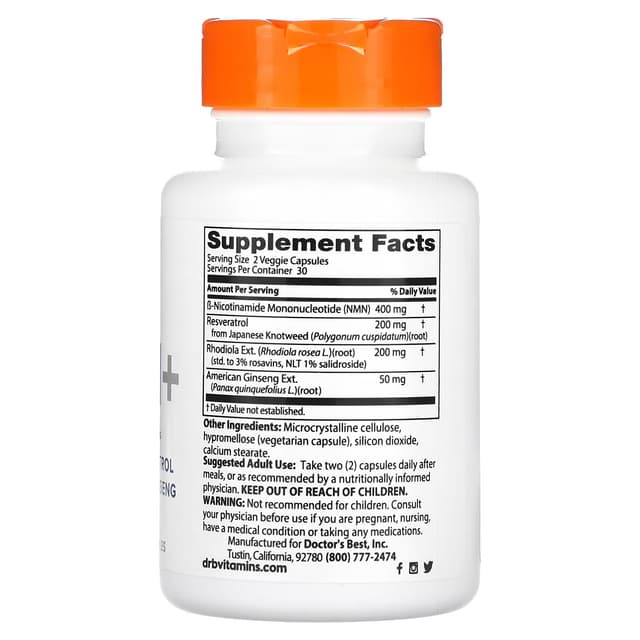 Doctor's Best, NMN+, 400 мг, 60 растительных капсул (200 мг в 1 капсуле)
