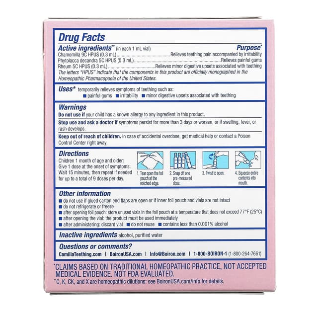 Boiron, Camilia, средство для снятия боли при прорезывании зубов, для младенцев от 1 месяца, 30 отмеренных жидких доз, 1 мл