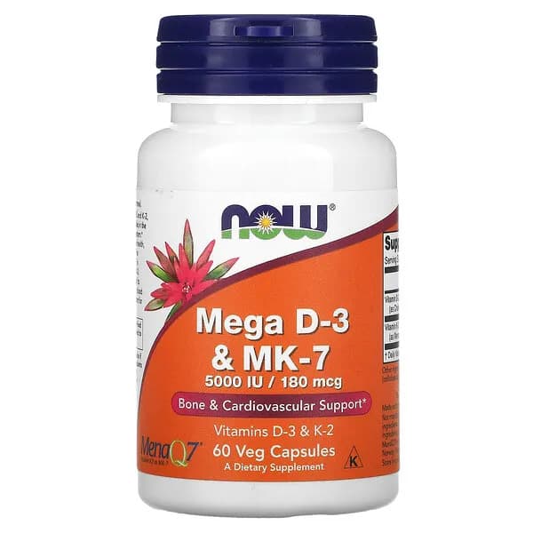 NOW Foods, мега D3 и MK-7, 180 мкг (5000 МЕ), 60 растительных капсул