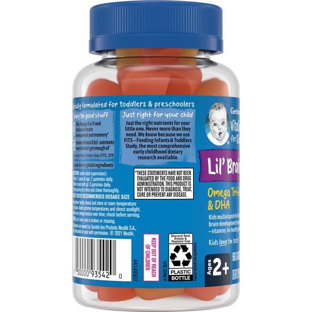 Gerber, Lil Brainies, смесь трех омега жирных кислот и ДГК, мультивитаминная добавка, для детей от 2 лет, 60 жевательных конфет