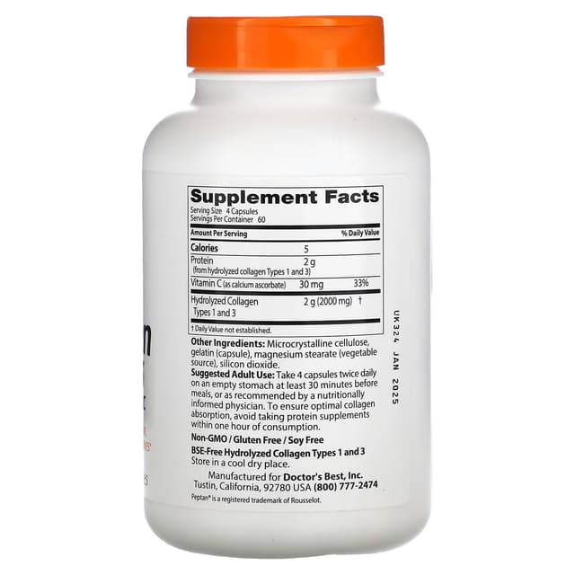 Doctor's Best, Peptan, коллаген 1 и 3 типов с витамином C, 500 мг, 240 капсул