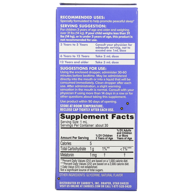 Zarbee's, снотворное для детей, в жидкой форме с мелатонином, натуральный ягодный вкус, 30 мл