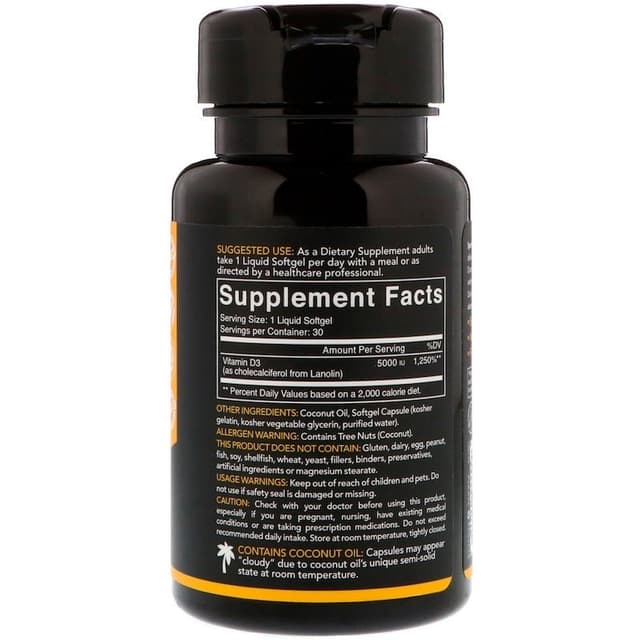 Sports Research, Витамин D3 с кокосовым маслом, 5000 МЕ, 30 мягких таблеток