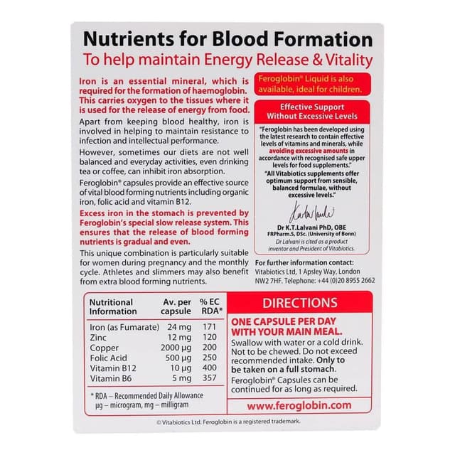 Feroglobin Vitabiotics Органические капсулы с витаминами и минералами, 30 капсул