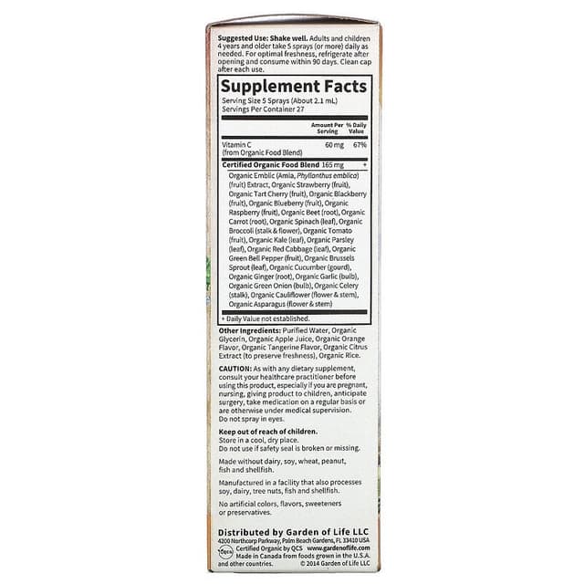 Garden of Life, MyKind Organics, спрей с органическим витамином C, вкус апельсина и мандарина, 58 мл
