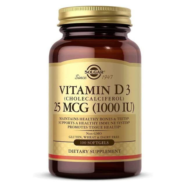 Solgar Витамин D3 (холекальциферол) 25 мкг (1000 МЕ), 100 мягких капсул - Помогает поддерживать здоровье костей и зубов - Поддержка иммунной системы - Без ГМО, без глютена, без молочных продуктов - 100 порций