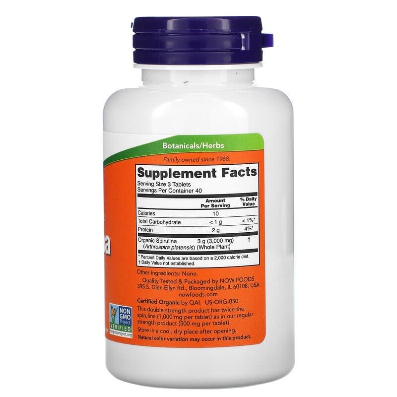 Now Foods, сертифицированная органическая спирулина,1000 мг, 120 таблеток