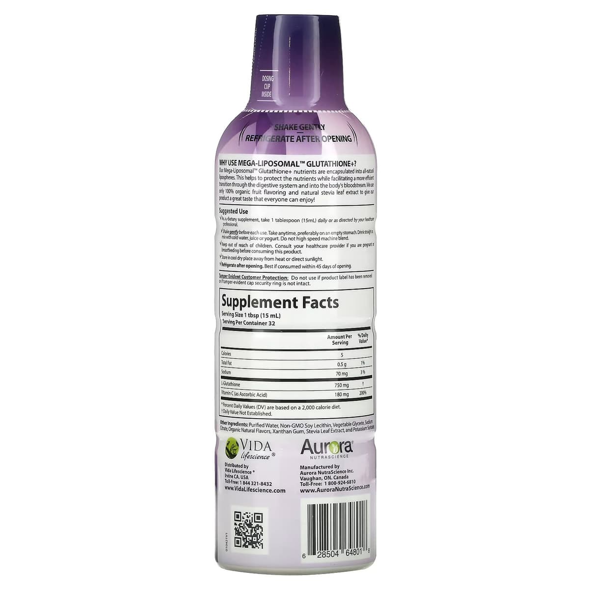 Aurora Nutrascience, мегалипосомальный глутатион+, с витамином C, со вкусом органических фруктов, 750 мг, 480 мл