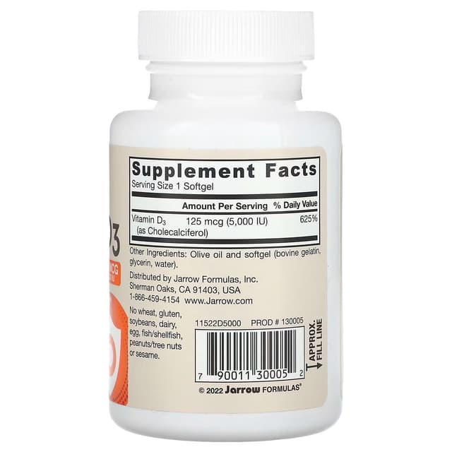 Jarrow Formulas, Витамин D3, максимальная эффективность, 125 мкг (5000 МЕ), 100 мягких таблеток