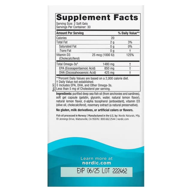 Nordic Naturals, Ultimate Omega Xtra, со вкусом лимона, 1280  мг, 60 капсул