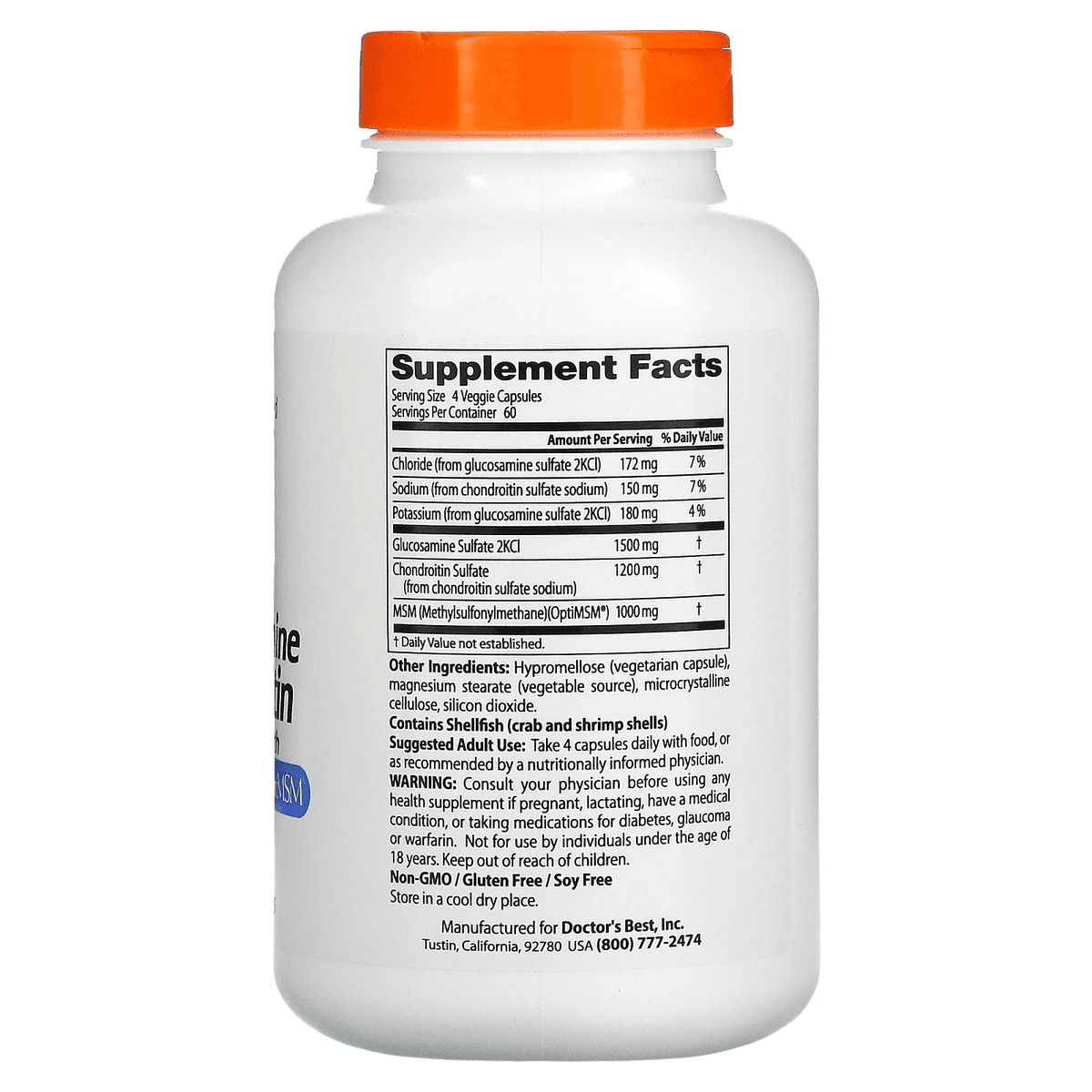 Doctor's Best, глюкозамин, хондроитин и МСМ с OptiMSM, 240 вегетарианских капсул