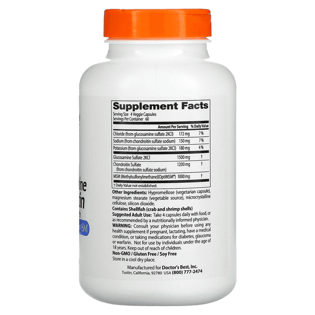 Doctor's Best, глюкозамин, хондроитин и МСМ с OptiMSM, 240 вегетарианских капсул