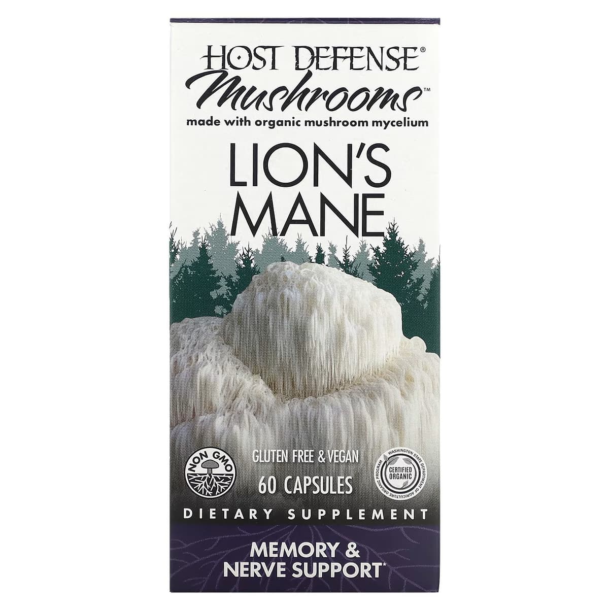 Fungi Perfecti Host Defense, ежовик гребенчатый, поддержка памяти и нервной системы, 60 вегетарианских капсул