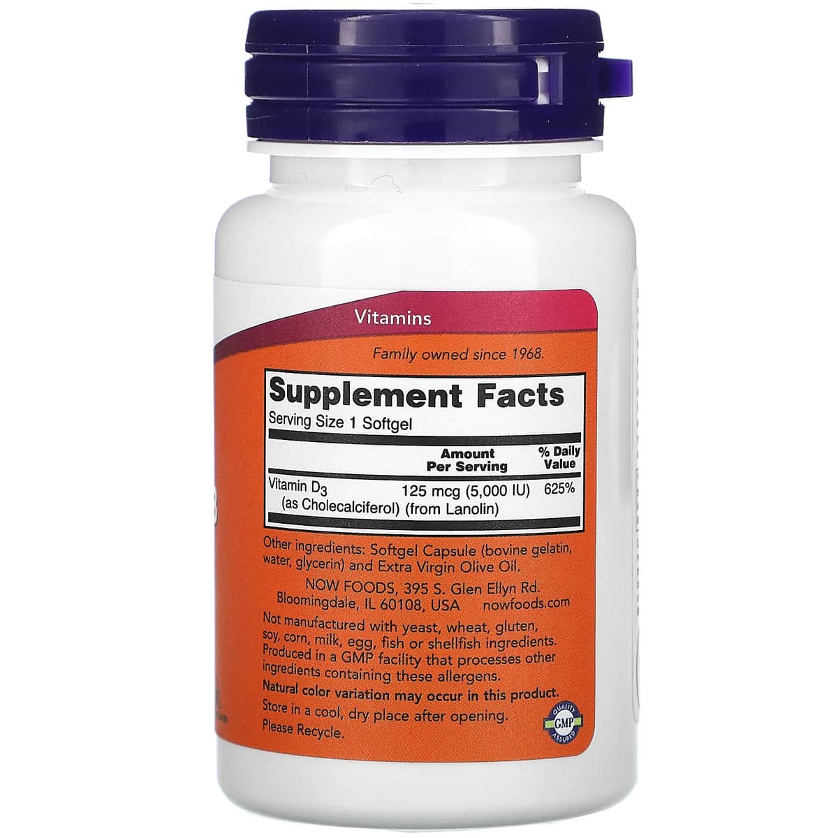 NOW Foods, витамин D3, 125 мкг (5000 МЕ), 120 капсул