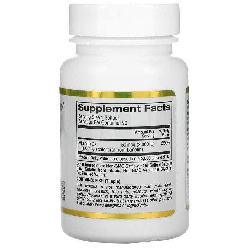 California Gold Nutrition, Витамин D3, 50 мкг (2000 МЕ), 90 мягких желатиновых капсул с рыбьим жиром