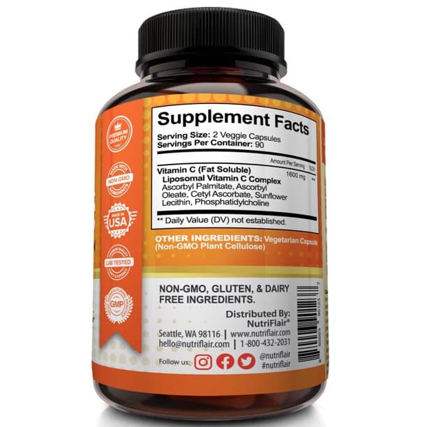 NutriFlair Липосомальный витамин C, 1600 мг, 180 капсул, высокая абсорбция, жирорастворимый витамин C, антиоксидантная добавка, поддержка иммунной системы с более высокой биодоступностью и усилитель коллагена, без ГМО, веганские таблетки