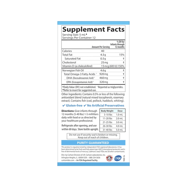 Carlson Labs, DHA Простая дозировка до 1100 мг омега-3 со шприцем Baby's Brain Vision, 60 мл