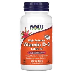 NOW Foods, Витамин D-3, высокая эффективность, 25 мкг (1000 МЕ), 360 мягких таблеток