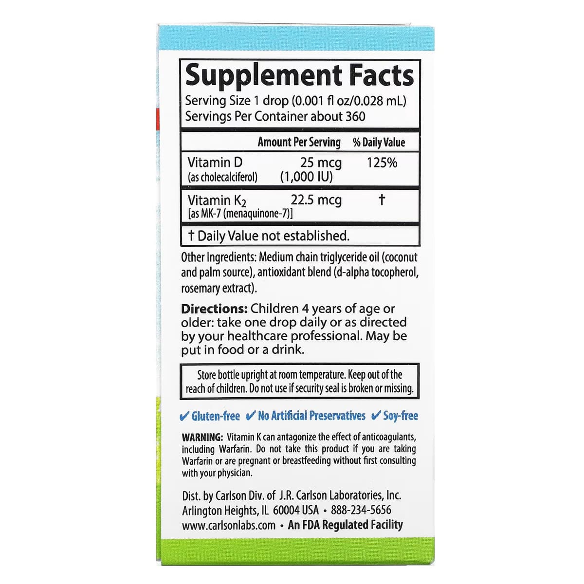 Carlson, Super Daily D3+K2 для детей, 25 мкг (1000 МЕ) и 22,5 мкг, 10,16 мл