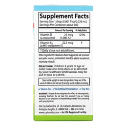 Carlson, Super Daily D3+K2 для детей, 25 мкг (1000 МЕ) и 22,5 мкг, 10,16 мл