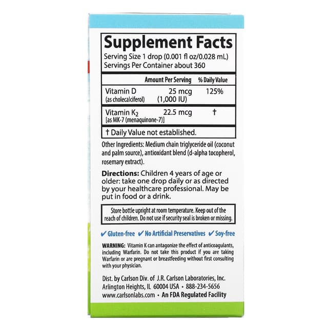 Carlson, Super Daily D3+K2 для детей, 25 мкг (1000 МЕ) и 22,5 мкг, 10,16 мл