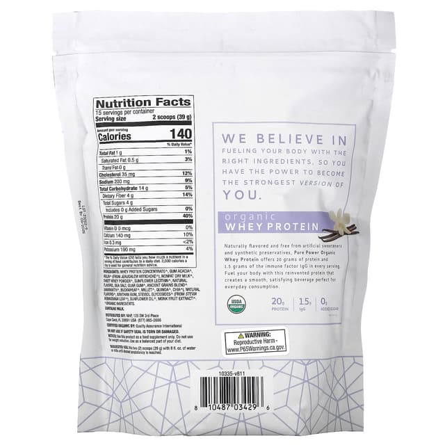 Dr. Mercola, Pure Power, органический сывороточный протеин, со вкусом ванили, 585 г (1 фунт, 4,6 унции)