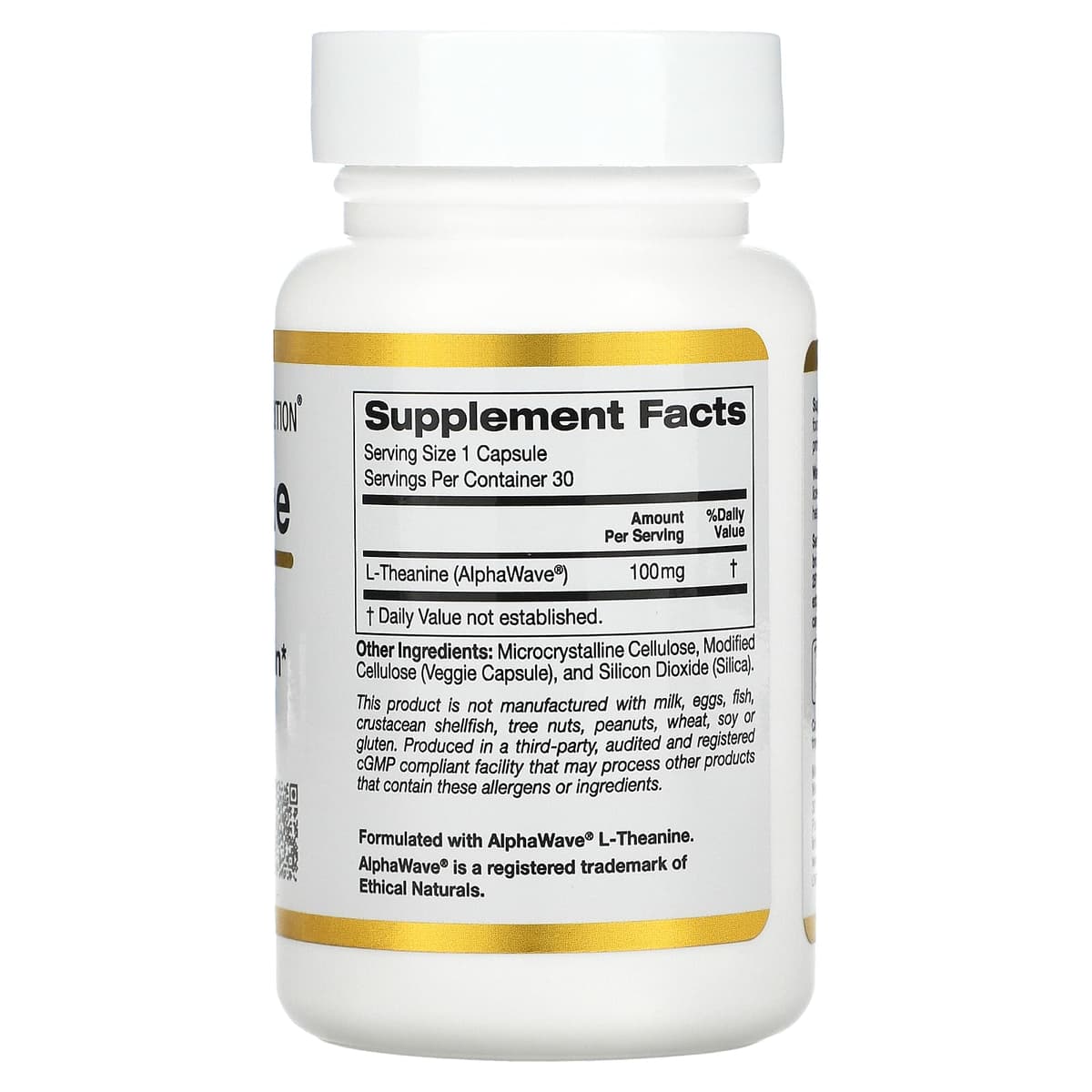 California Gold Nutrition, L-теанин, AlphaWave, поддержка расслабления, успокоение, 100 мг, 60 растительных капсул