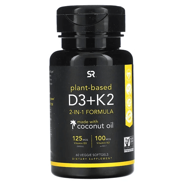 Sports Research, растительные витамины D3+K2, 60 растительных капсул