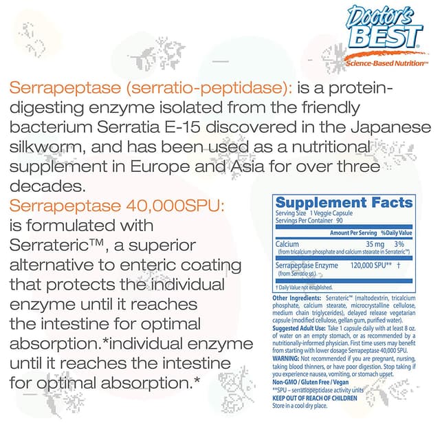 Doctor's Best Serrapeptase, без ГМО, без глютена, веганский, поддерживает здоровье носовых пазух, 40 000 SPU, 90 штук