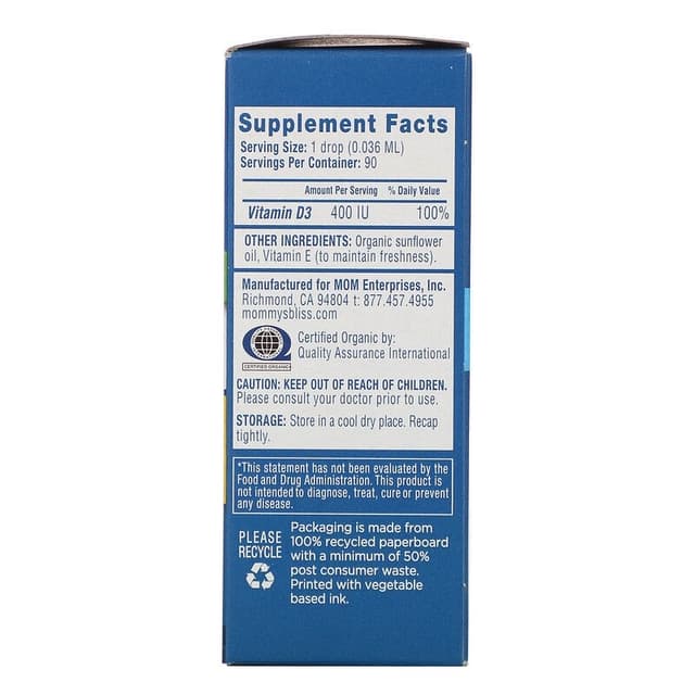 Mommy's Bliss, Витамин D, органические капли, для новорожденных с 0 месяцев, (3,24 мл)