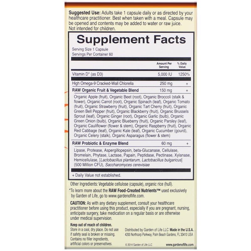 Garden of Life, Vitamin Code, Raw D3, 5000 МЕ, 60 вегетарианских капсул